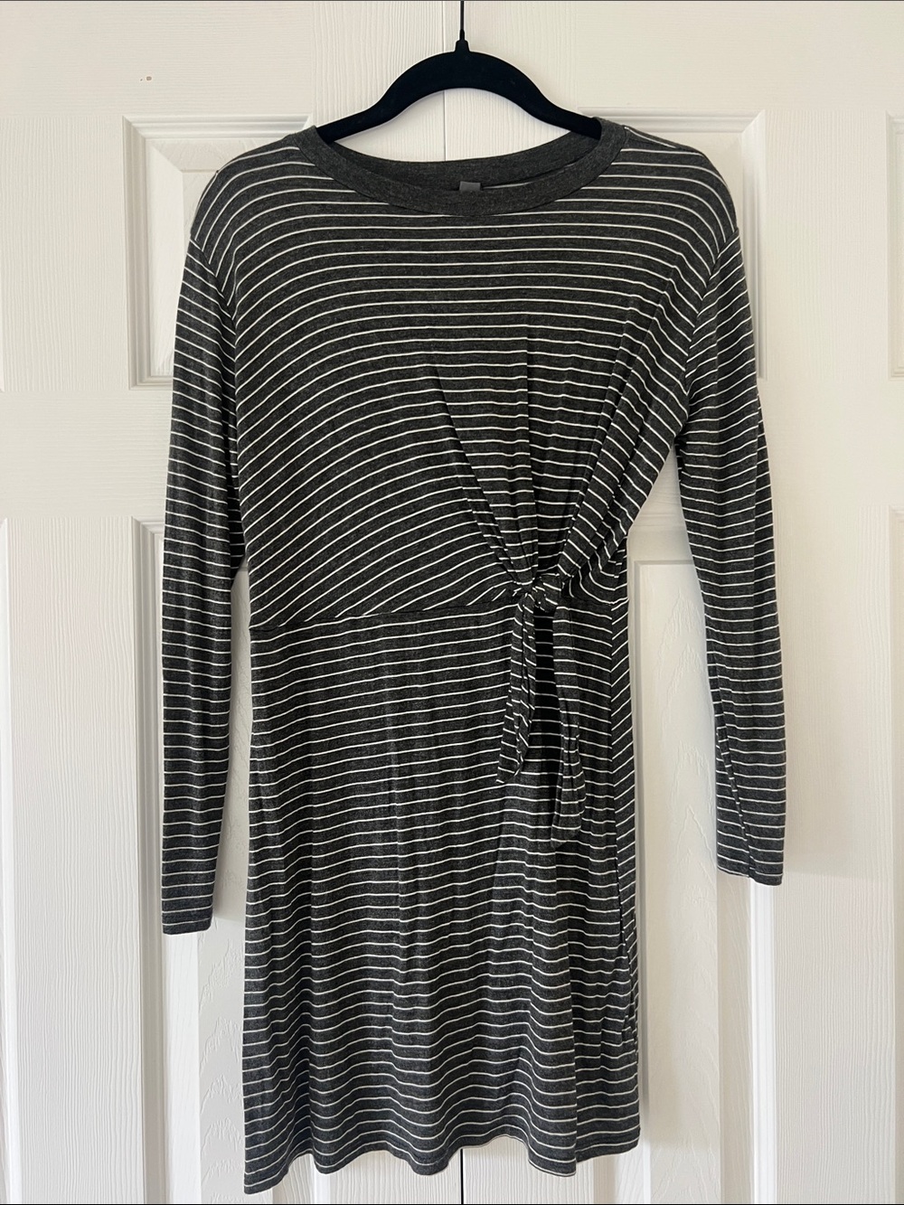 Alya Charcoal and White Striped Long-Sleeve Tie Detail Dress